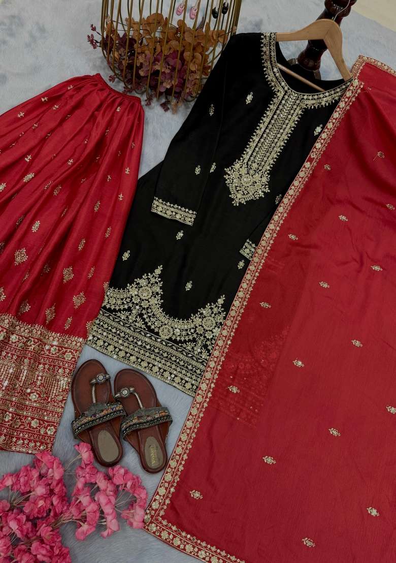 Black Embroidery Silk Kurta Set - Indya