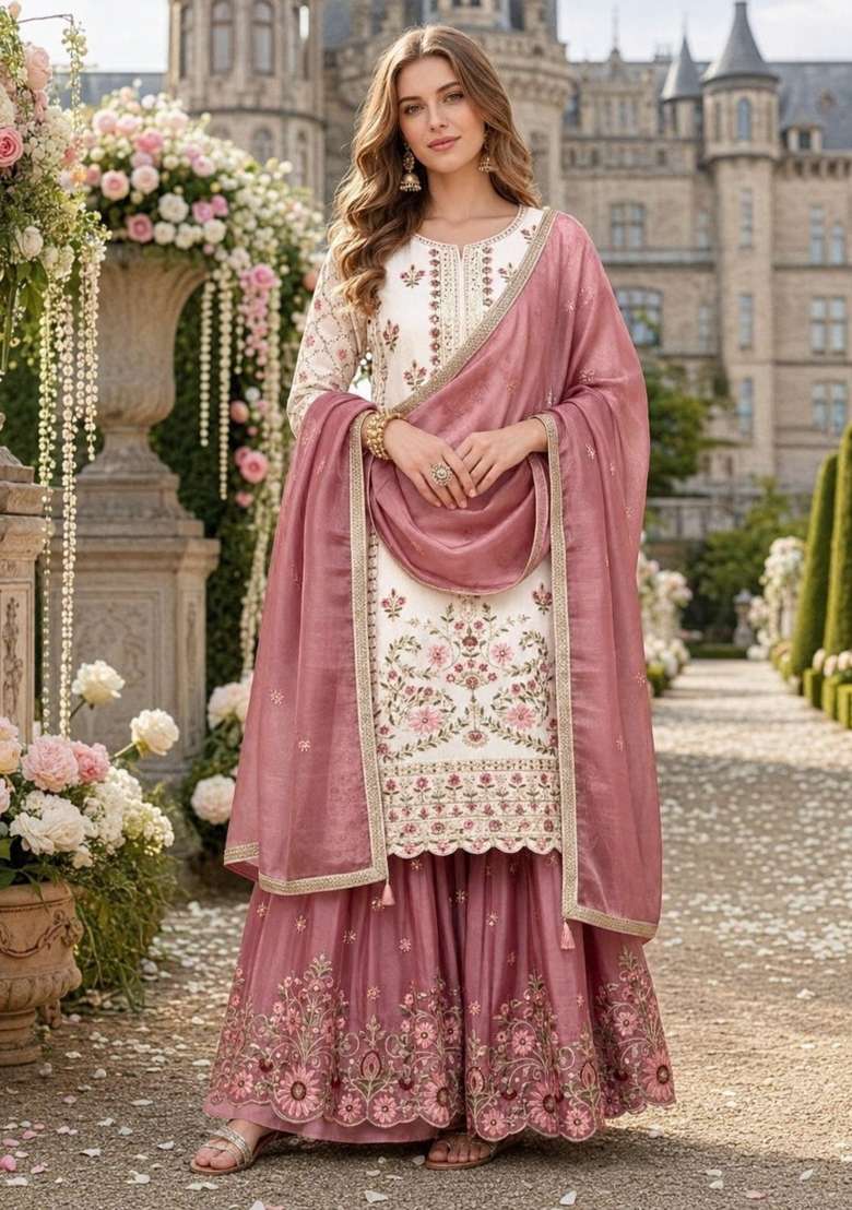 White Embroidery Silk Kurta Set - Indya