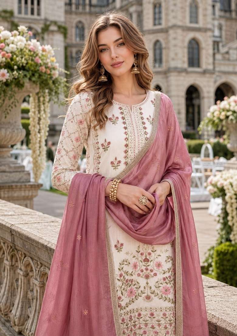 White Embroidery Silk Kurta Set - Indya
