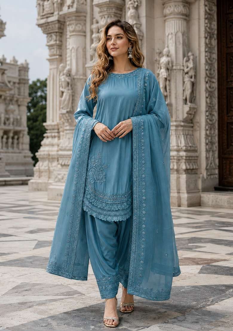 Blue Embroidery Crepe Kurta Set - Indya