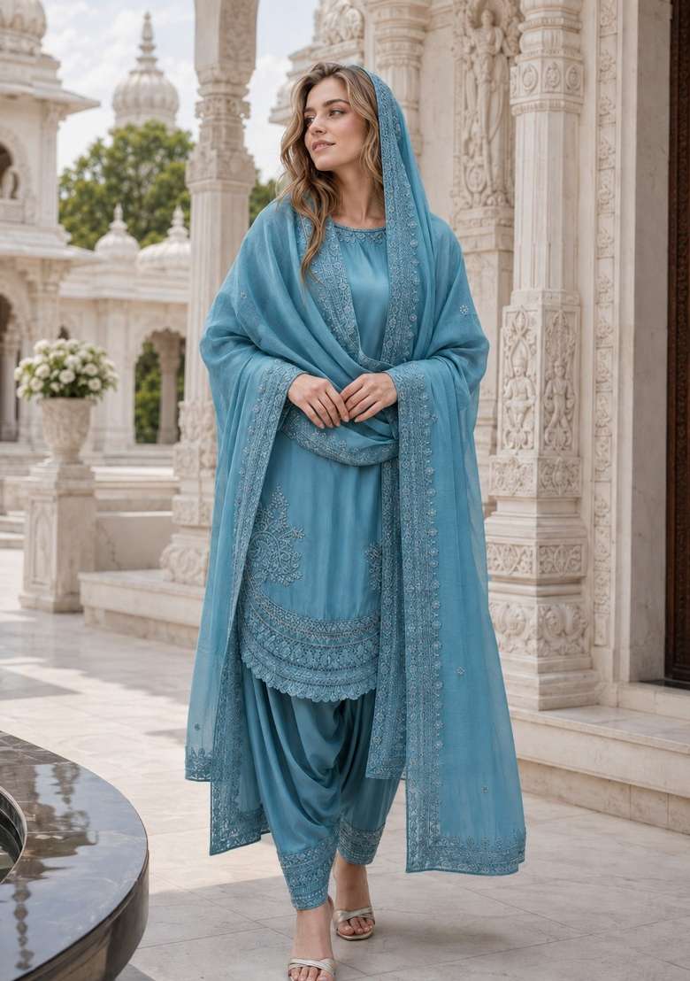 Blue Embroidery Crepe Kurta Set - Indya