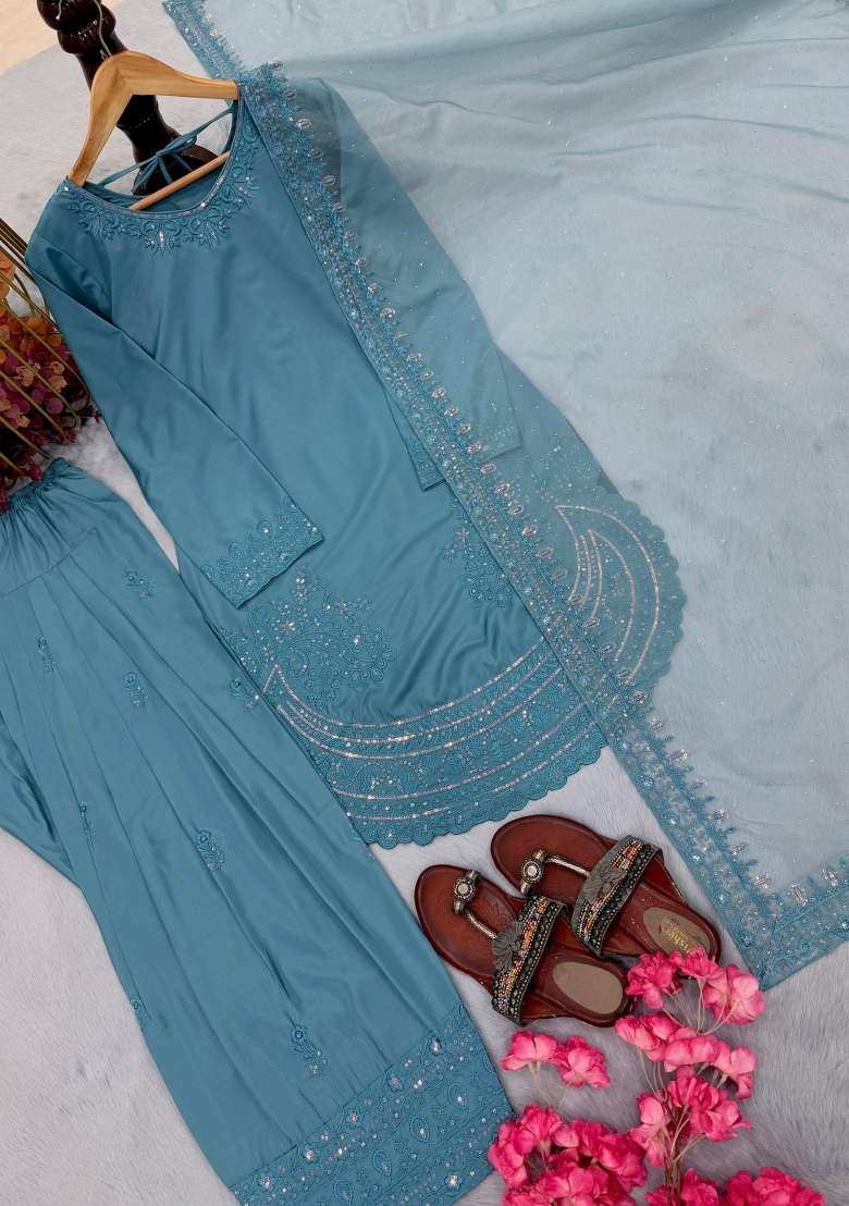 Blue Embroidery Crepe Kurta Set - Indya