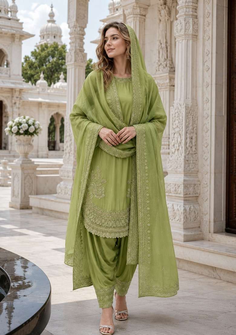 Green Embroidery Crepe Kurta Set - Indya