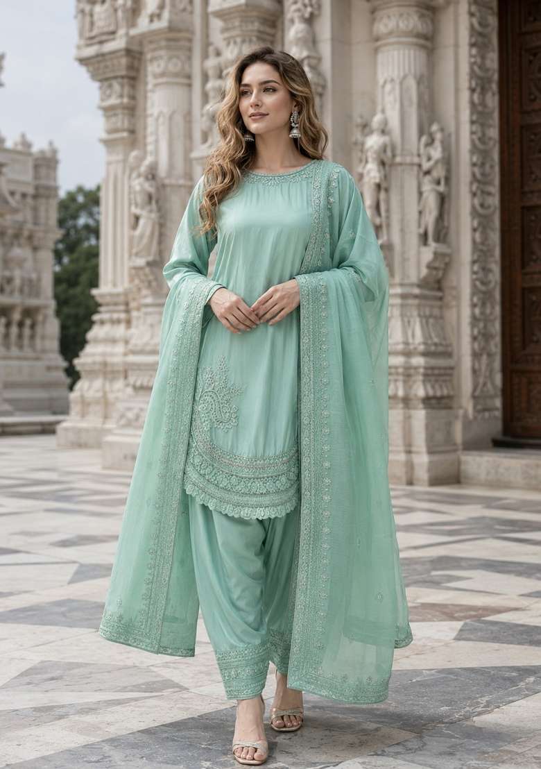 Sky Blue Embroidery Crepe Kurta Set - Indya