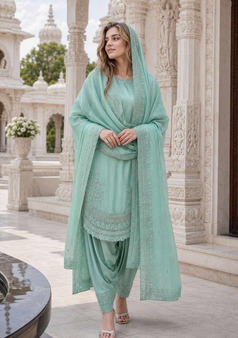 Sky Blue Embroidery Crepe Kurta Set - Indya