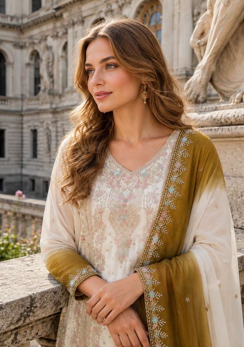 Brown Embroidery Georgette Kurta Set - Indya