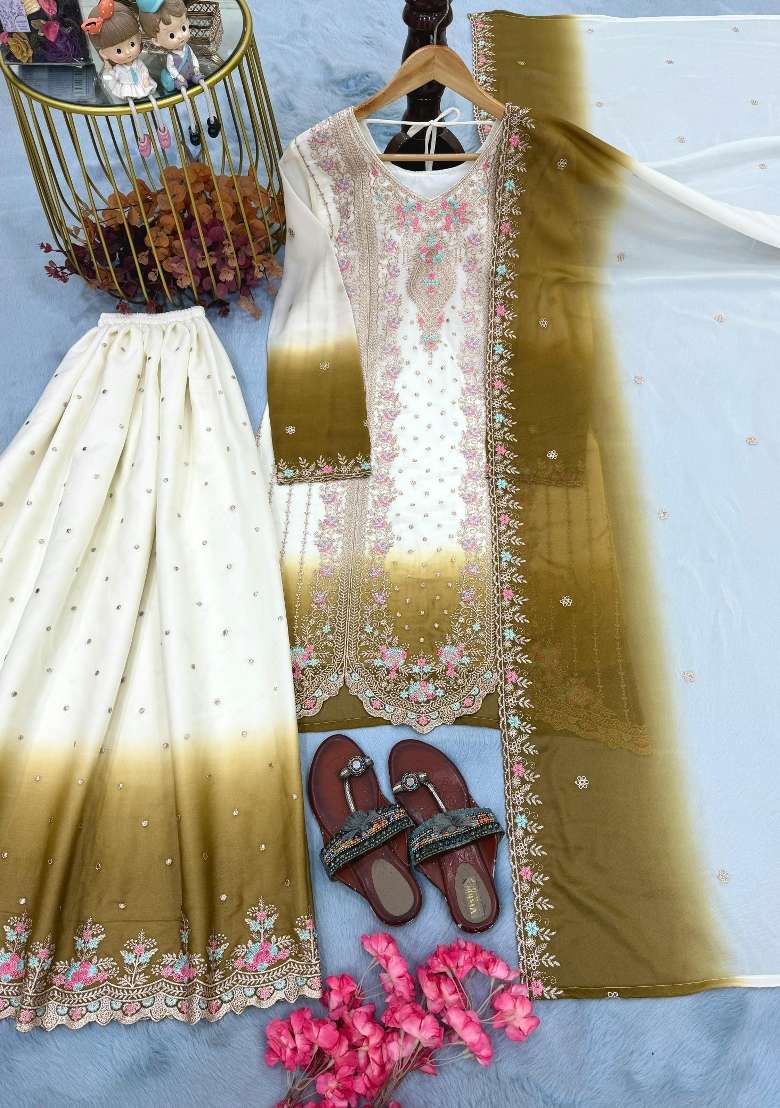 Brown Embroidery Georgette Kurta Set - Indya