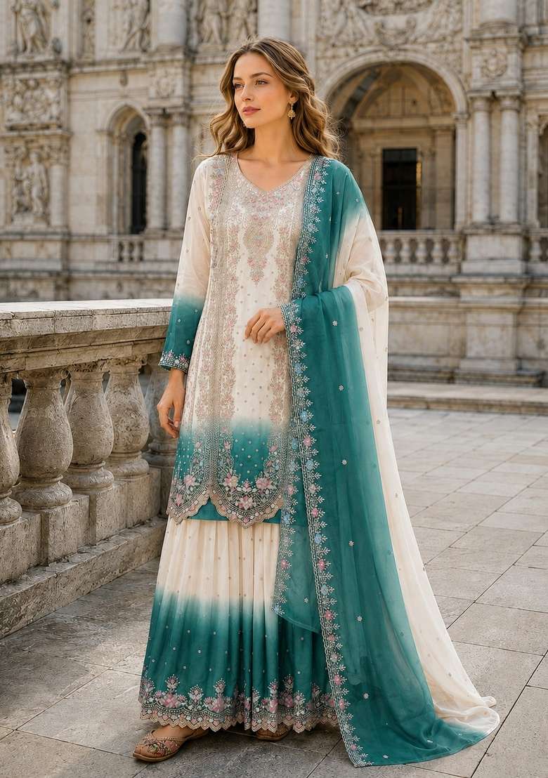 Blue Embroidery Georgette Kurta Set - Indya