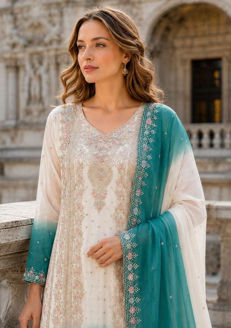 Blue Embroidery Georgette Kurta Set - Indya