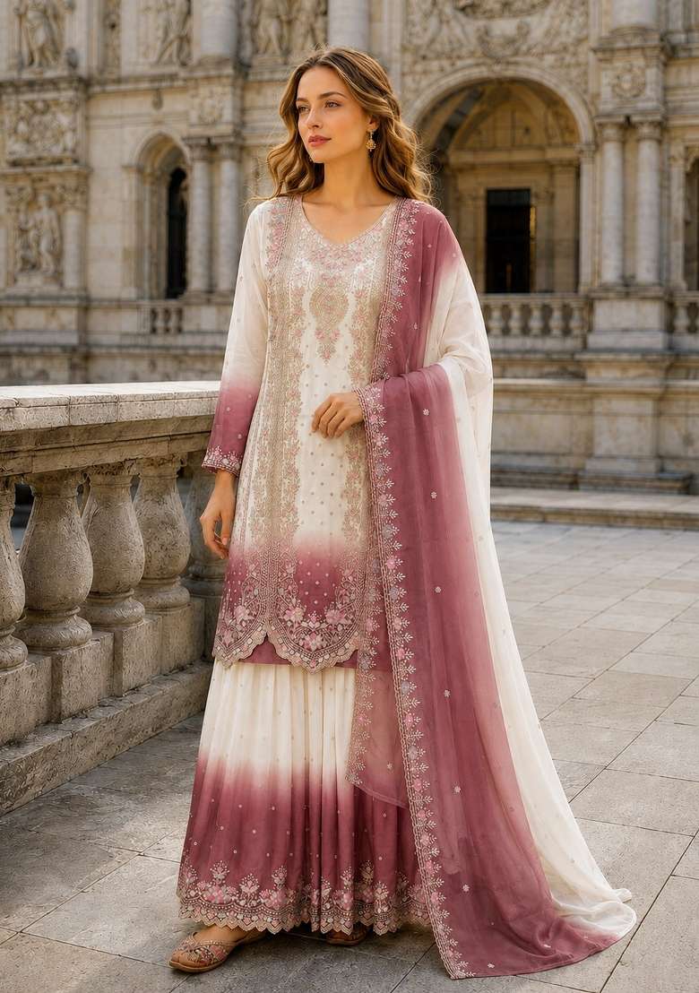 Pink Embroidery Georgette Kurta Set - Indya