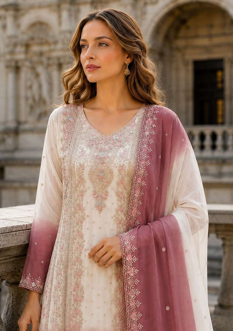 Pink Embroidery Georgette Kurta Set - Indya