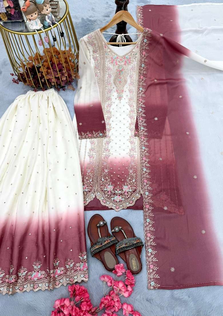 Pink Embroidery Georgette Kurta Set - Indya