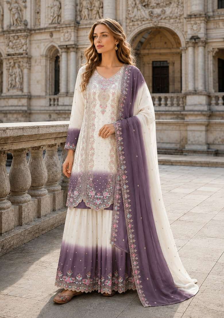Lavender Embroidery Georgette Kurta Set - Indya