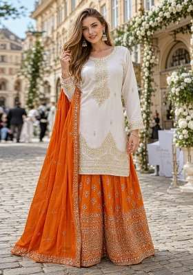 Orange Embroidery Silk Kurta Set