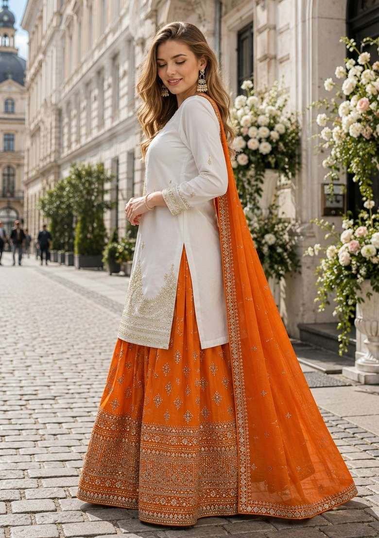 Orange Embroidery Silk Kurta Set - Indya