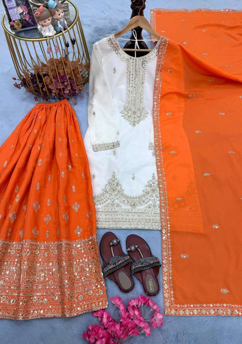 Orange Embroidery Silk Kurta Set - Indya