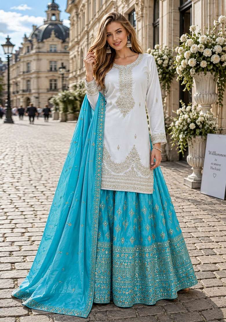 Blue Embroidery Silk Kurta Set - Indya