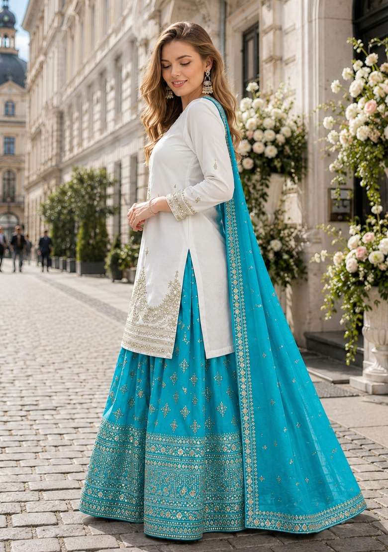 Blue Embroidery Silk Kurta Set - Indya