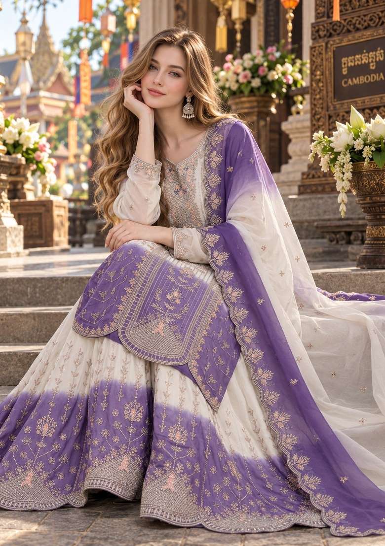Lavender Embroidery Georgette Kurta Set - Indya