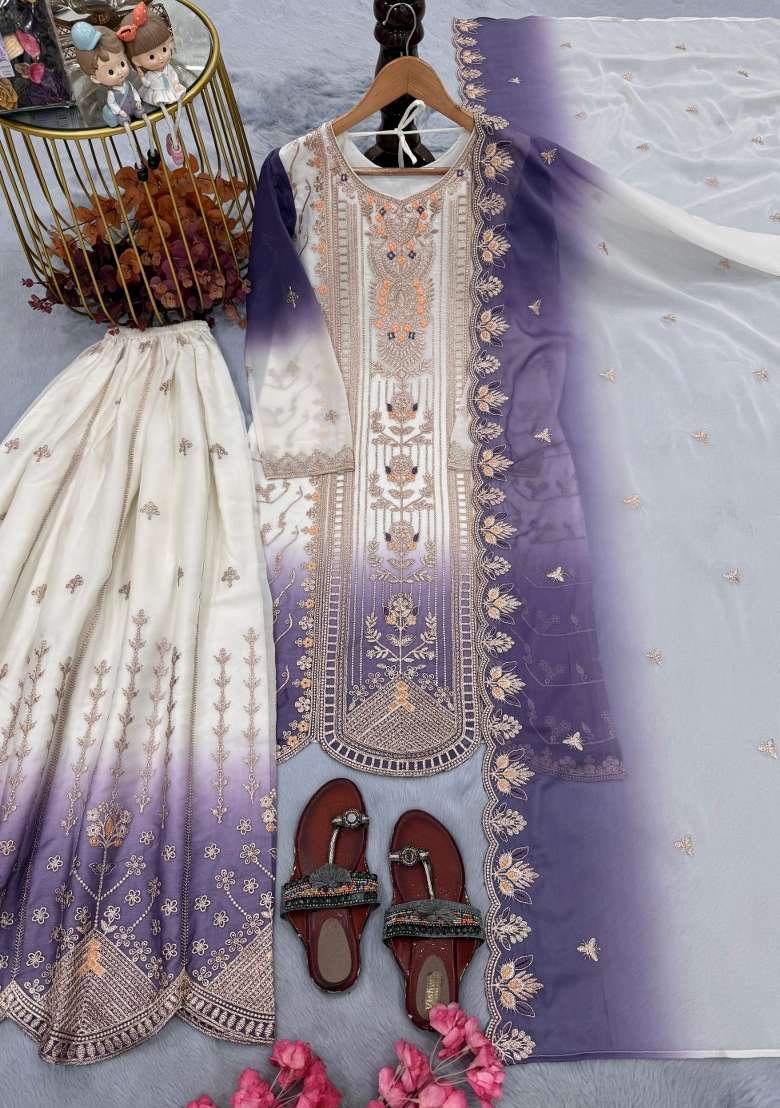 Lavender Embroidery Georgette Kurta Set - Indya