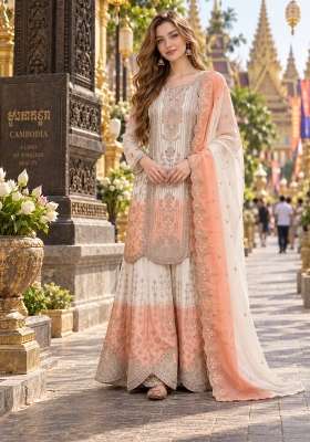 Peach Embroidery Georgette Kurta Set