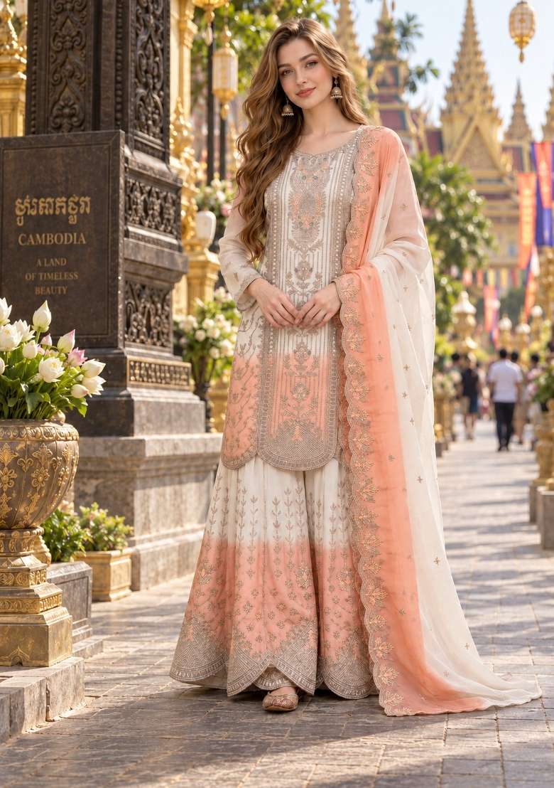 Peach Embroidery Georgette Kurta Set - Indya