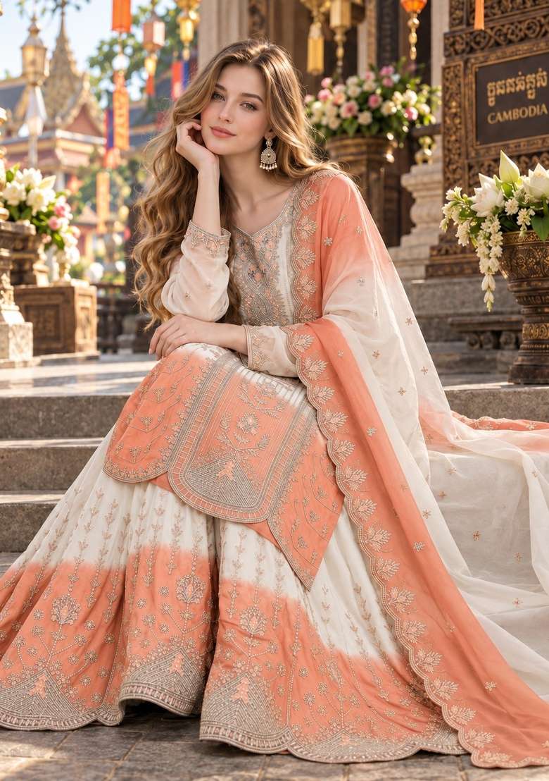 Peach Embroidery Georgette Kurta Set - Indya