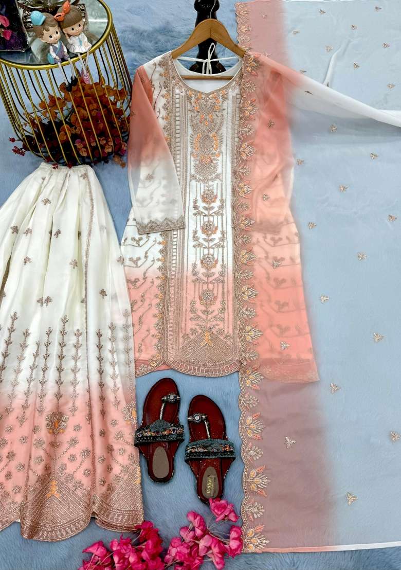 Peach Embroidery Georgette Kurta Set - Indya