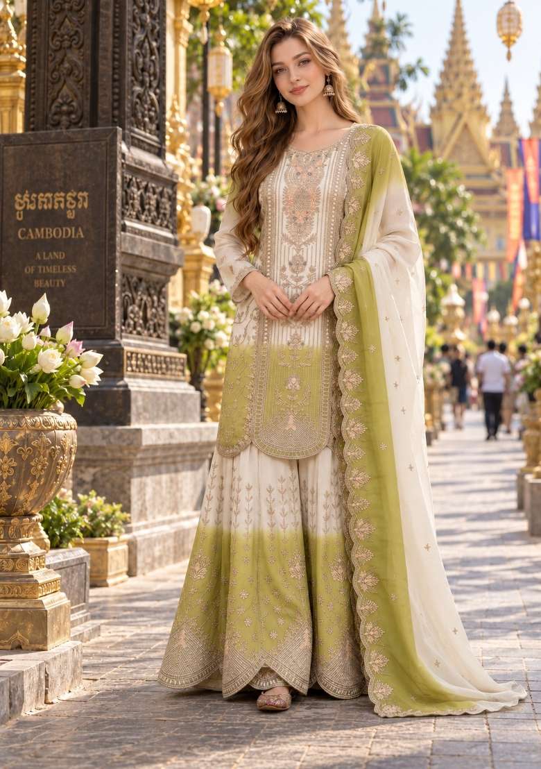 Green Embroidery Georgette Kurta Set - Indya