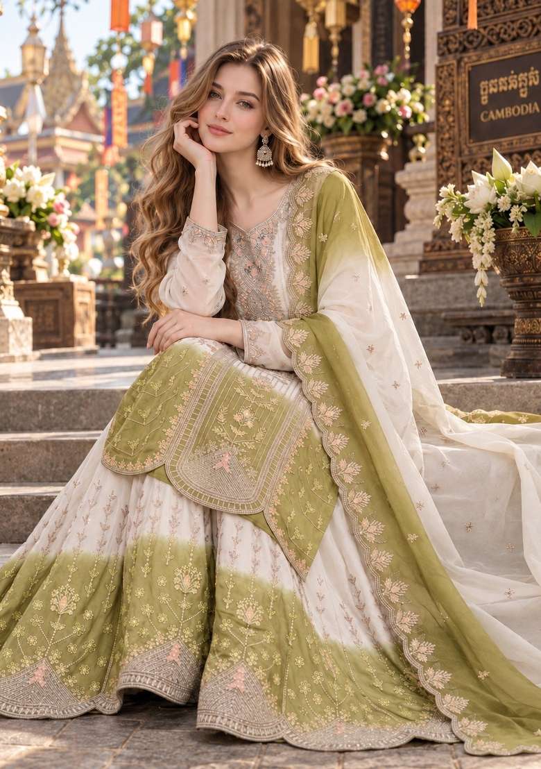 Green Embroidery Georgette Kurta Set - Indya