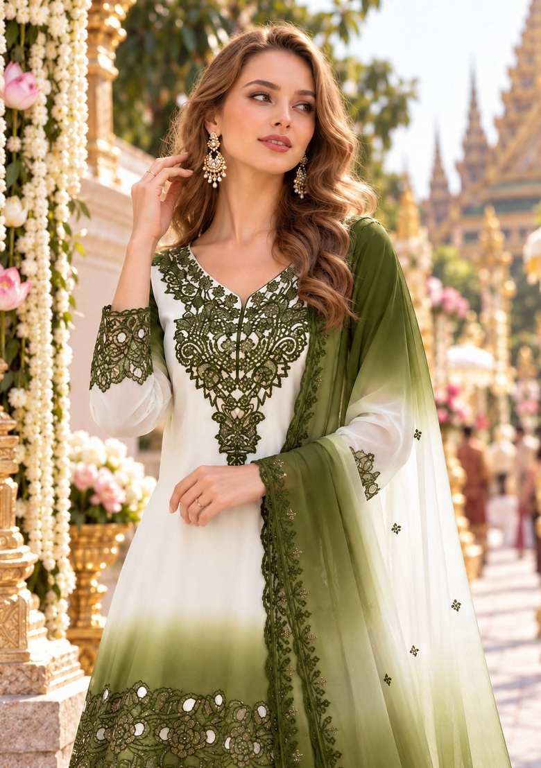 Mehendi Embroidery Georgette Kurta Set - Indya