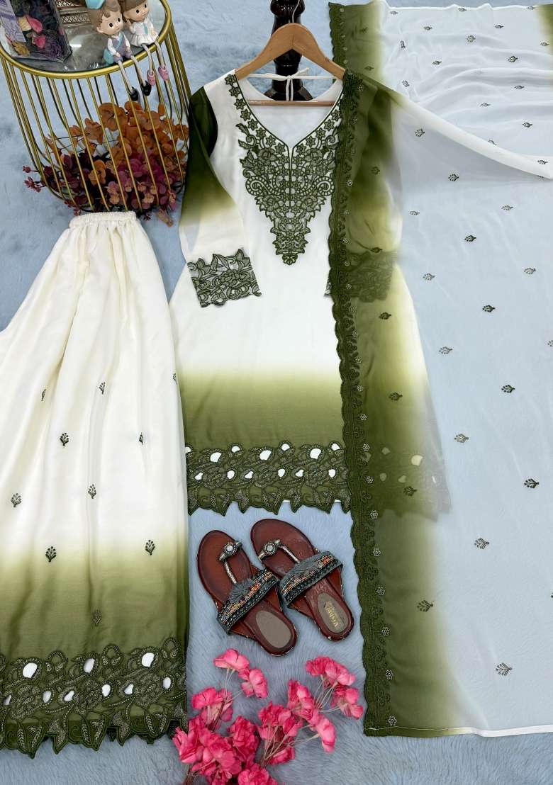 Mehendi Embroidery Georgette Kurta Set - Indya
