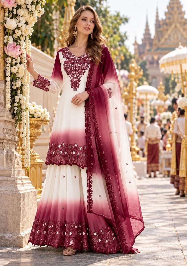 Peach Embroidery Georgette Kurta Set - Indya