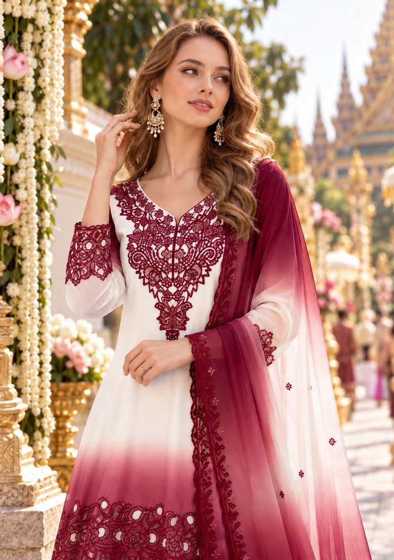 Peach Embroidery Georgette Kurta Set - Indya