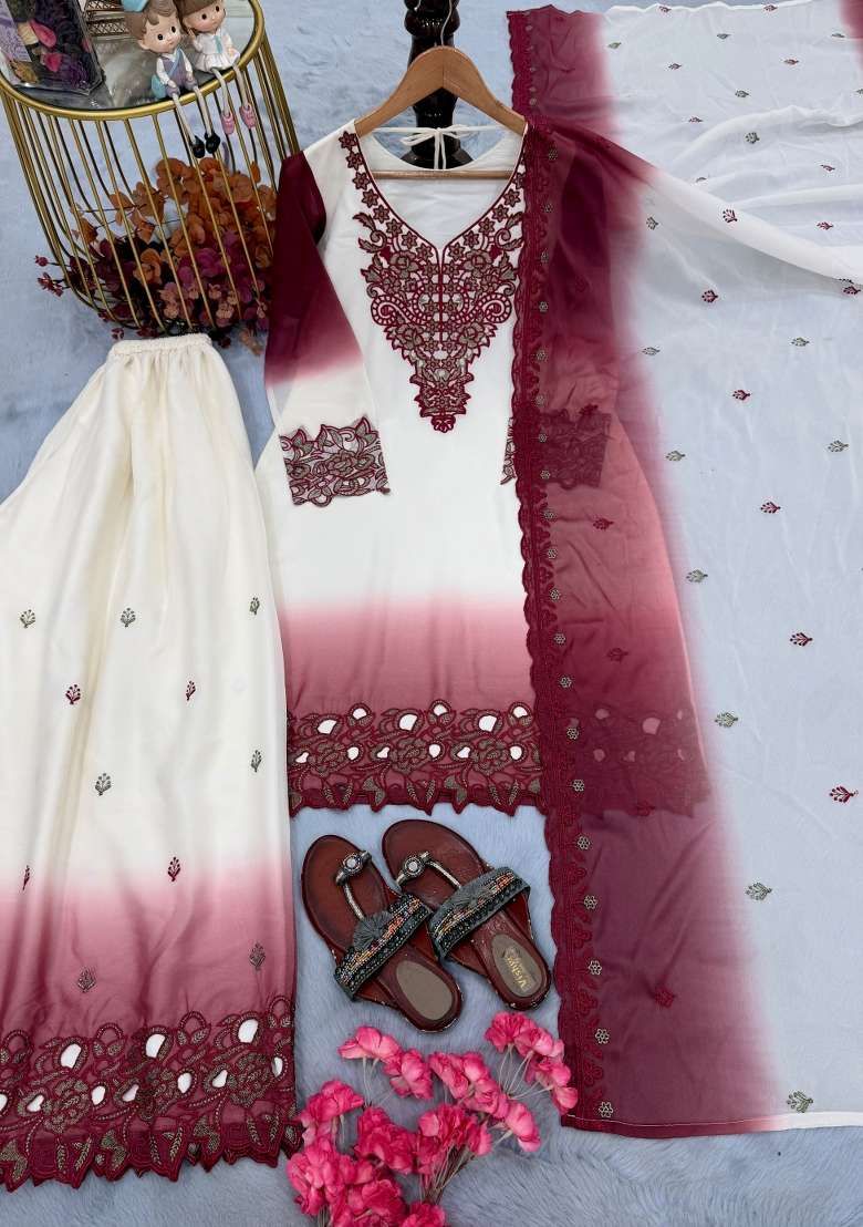 Peach Embroidery Georgette Kurta Set - Indya