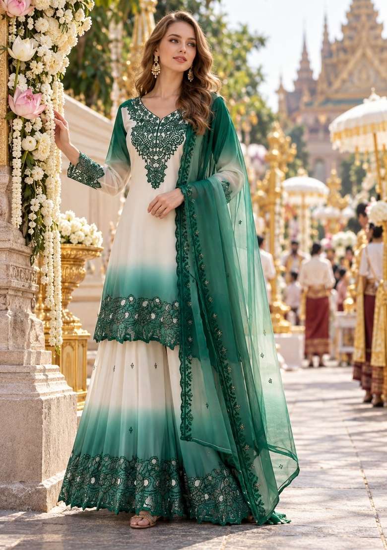 Blue Embroidery Georgette Kurta Set - Indya