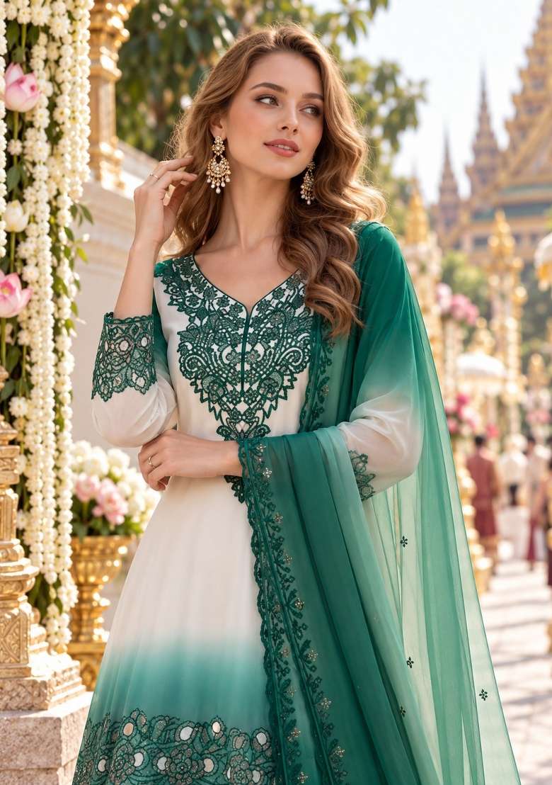Blue Embroidery Georgette Kurta Set - Indya