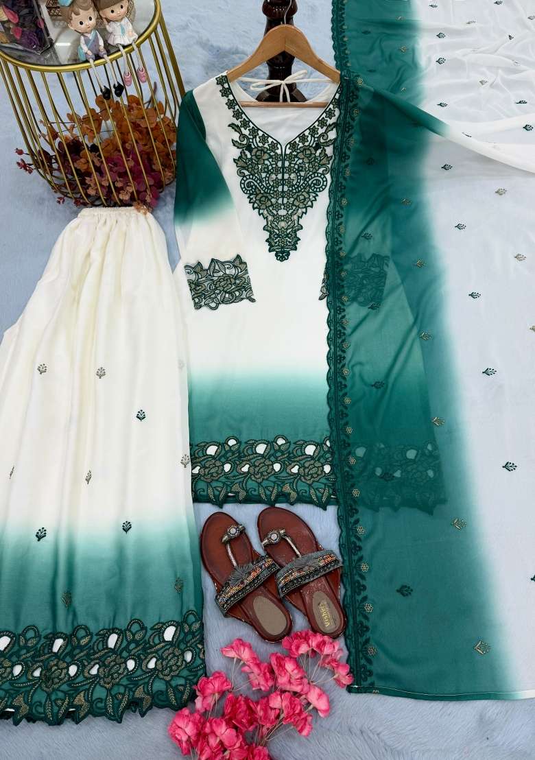 Blue Embroidery Georgette Kurta Set - Indya