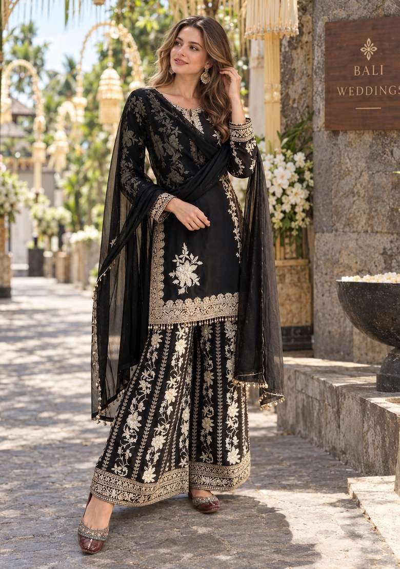 Black Embroidery Georgette Kurta Set - Indya