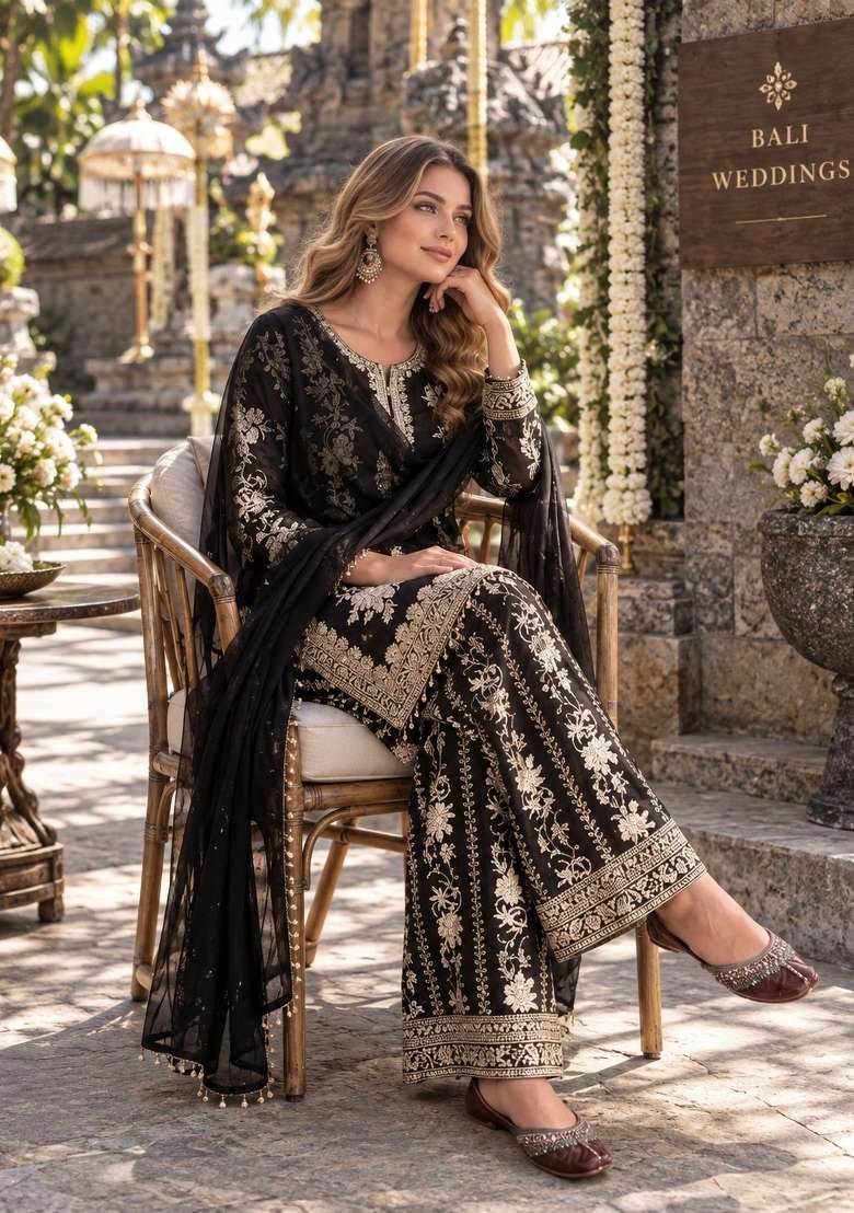 Black Embroidery Georgette Kurta Set - Indya