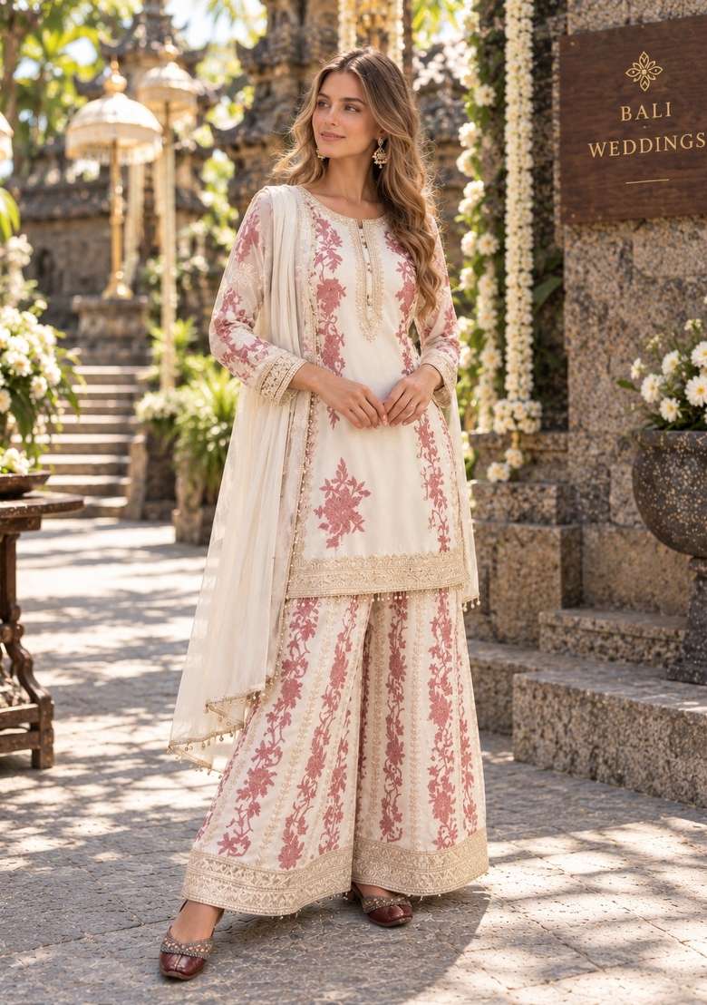 White Embroidery Georgette Kurta Set - Indya