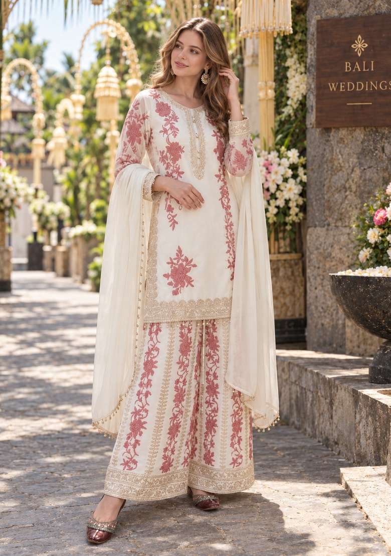 White Embroidery Georgette Kurta Set - Indya