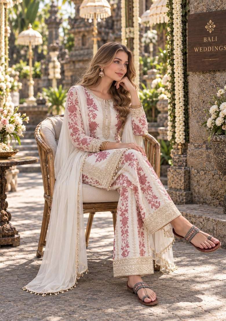 White Embroidery Georgette Kurta Set - Indya