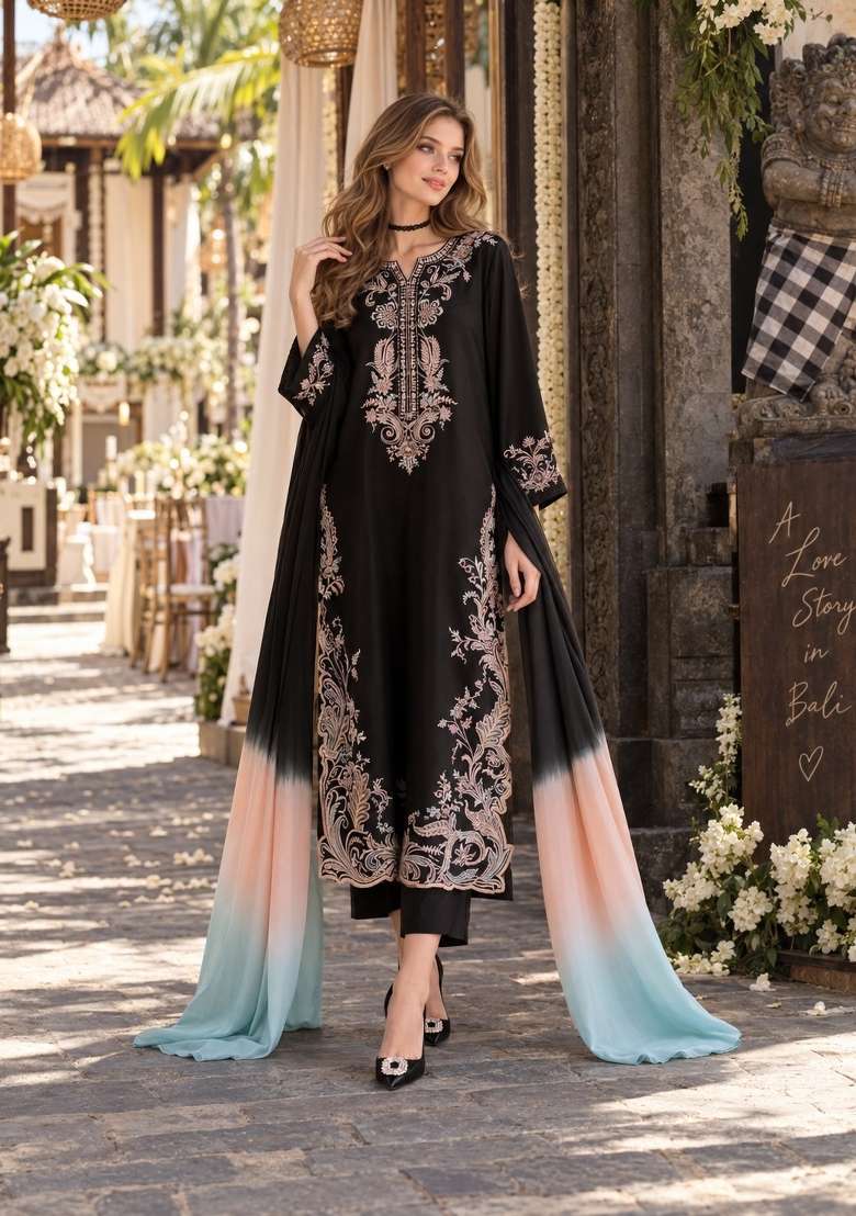 Black Embroidery Rayon Kurta Set - Indya