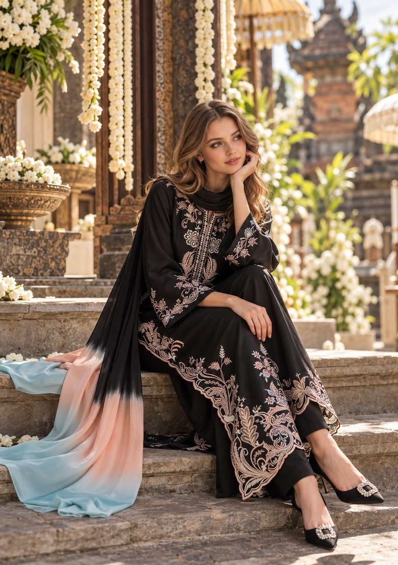 Black Embroidery Rayon Kurta Set - Indya
