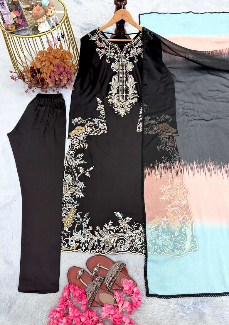 Black Embroidery Rayon Kurta Set - Indya