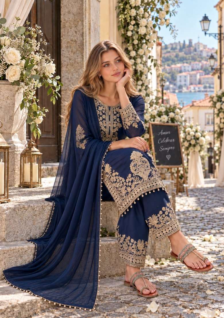 Navy Blue Embroidery Georgette Kurta Set - Indya