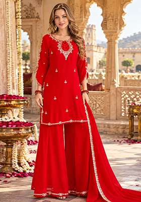 Red Embroidery Georgette Kurta Set
