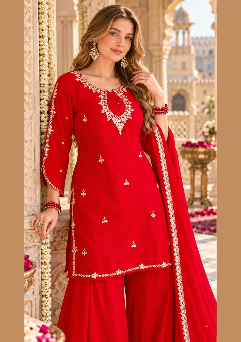 Red Embroidery Georgette Kurta Set - Indya