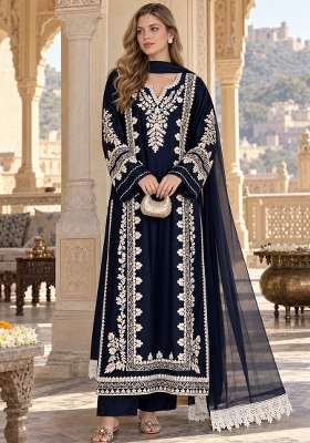 Dark Navy Blue Embroidery Satin Kurta Set